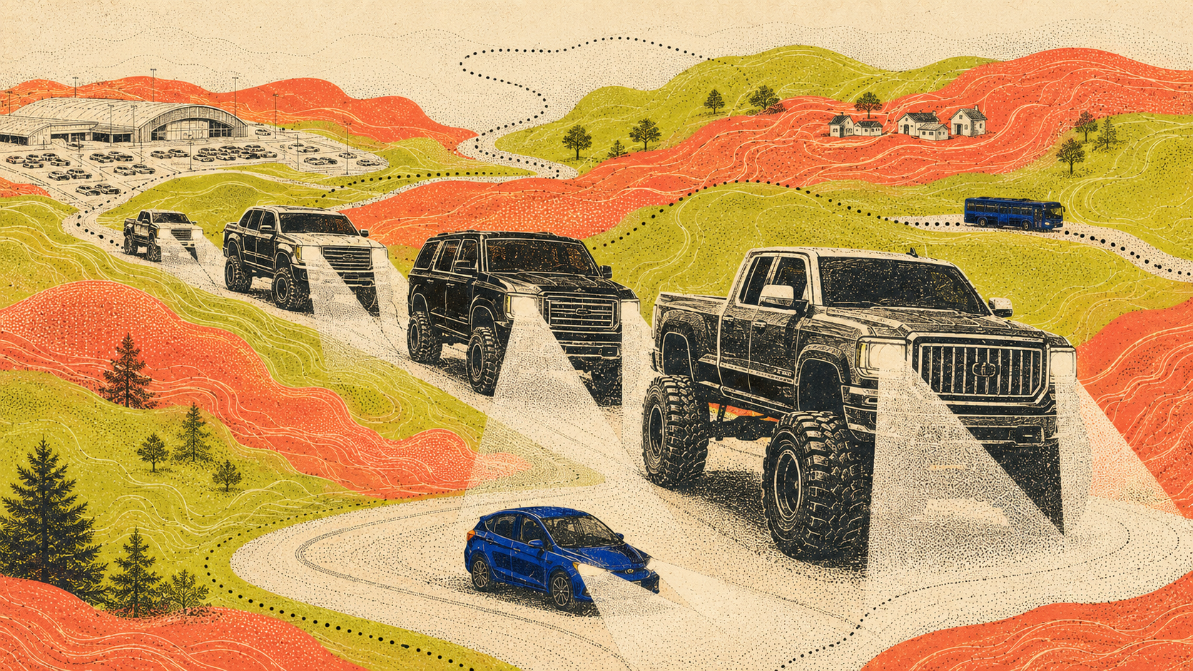Illustrated Hjernelandet landscape for a dispatch on vehicles, roads, distance, and rural transportation