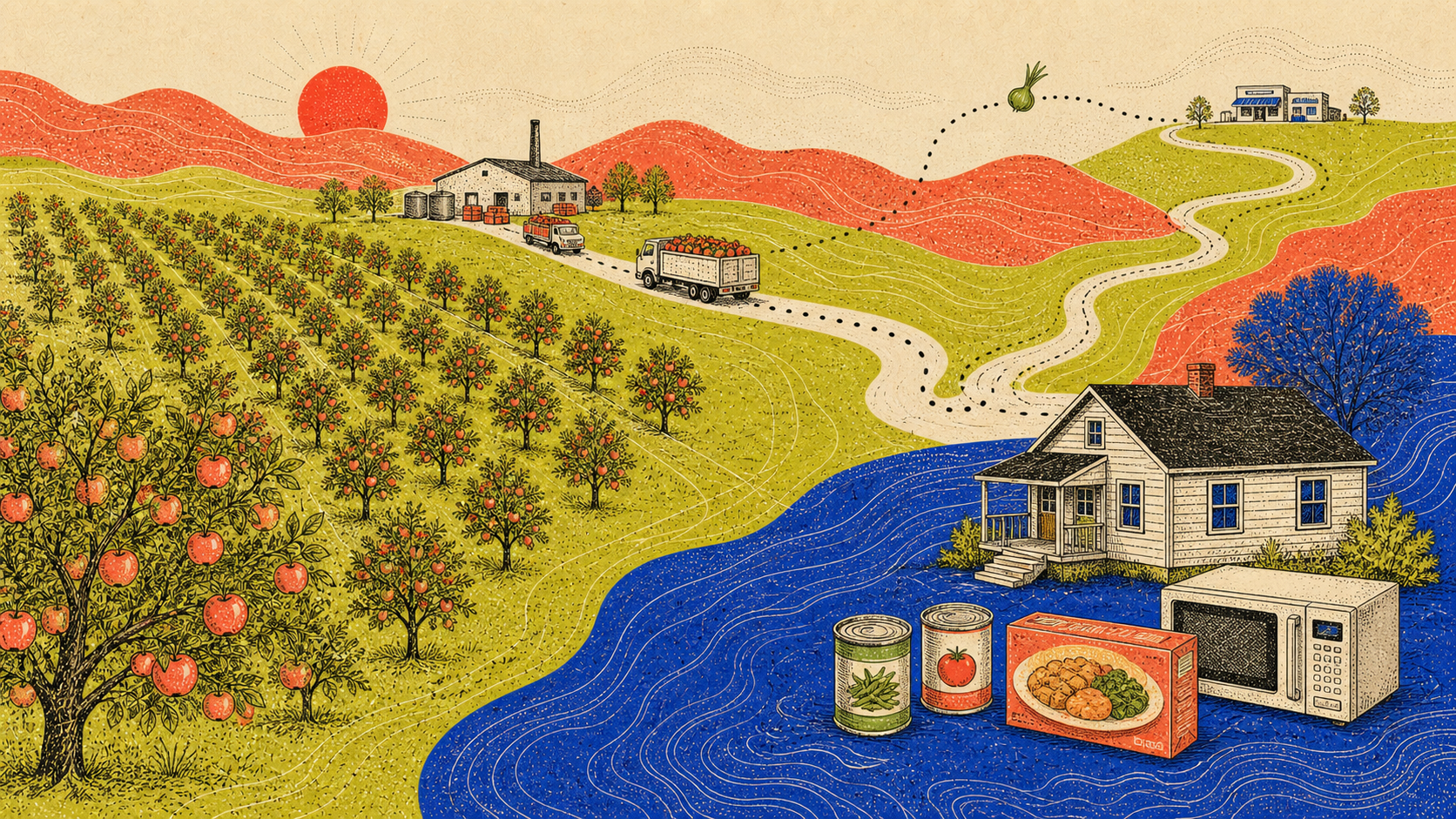 Illustrated Hjernelandet landscape for a dispatch on orchards, food access, and rural grocery trips