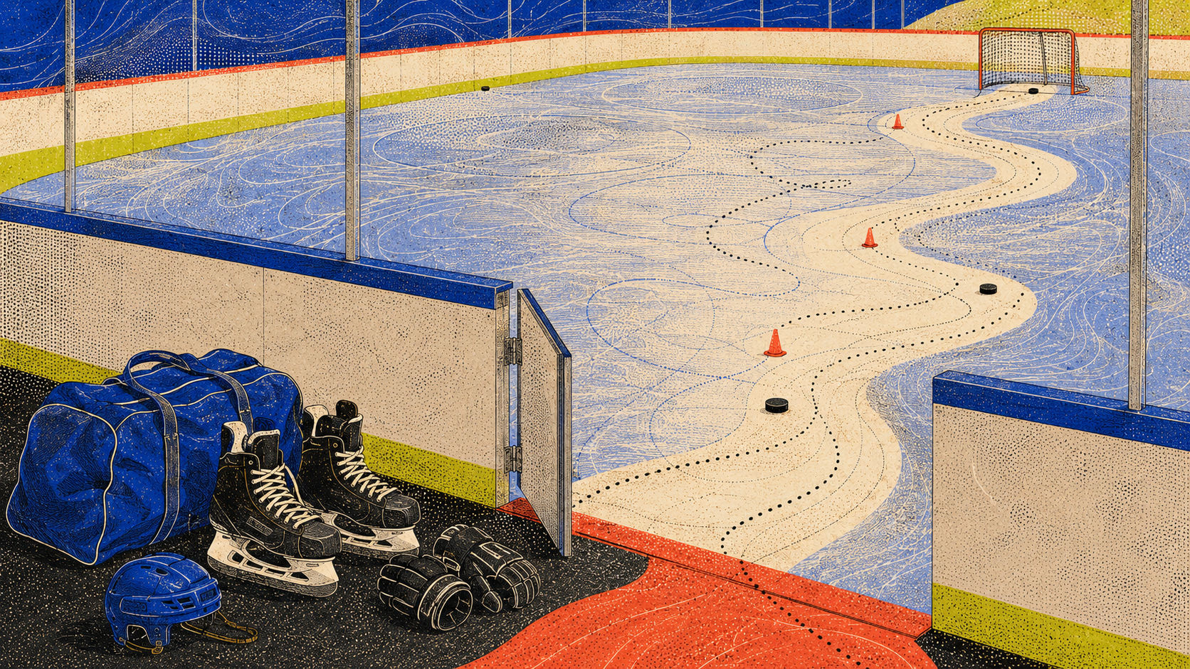 Ice rink scene representing adult power-skating practice and public learning