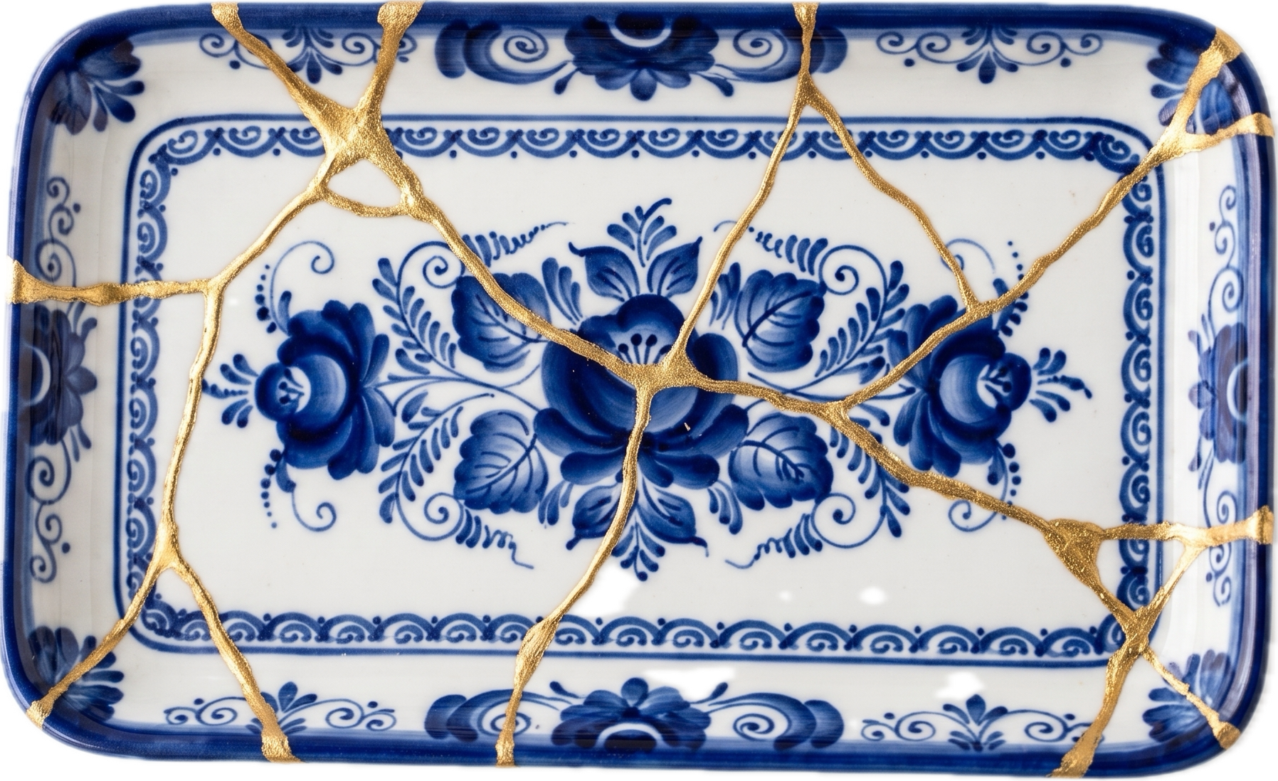 Blue-and-white ceramic tray holding a collection of symbolic objects from Everything I Carried in July